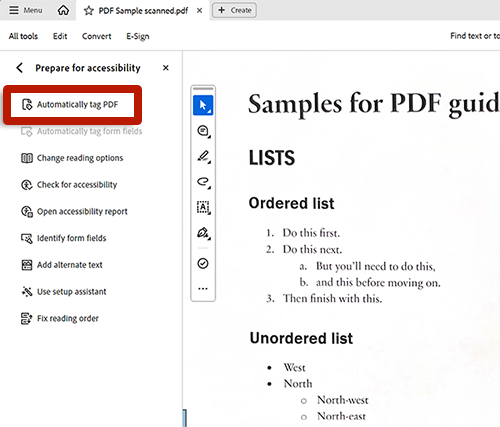 screenshot of adobe acrobat tools with arrow pointing to Automatically tag PDF