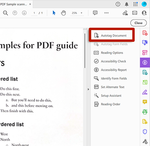 screenshot of adobe acrobat tools with arrow pointing to Automatically tag PDF