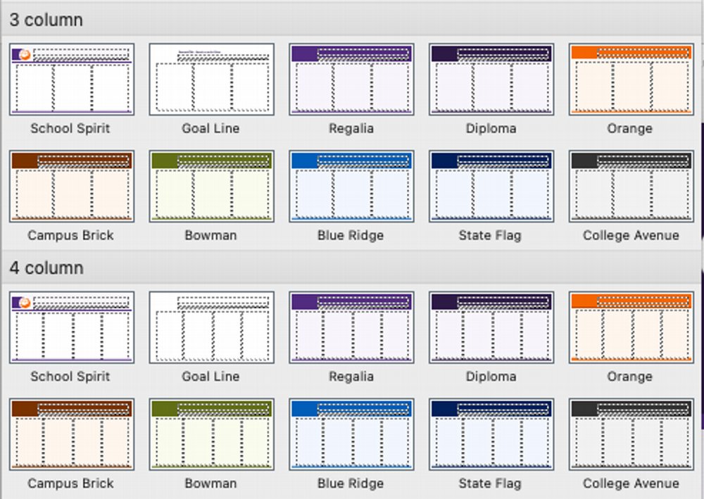 Screenshot of a variety of slide designs in PowerPoint for research posters.