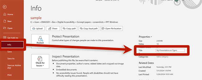 screenshot of the file information screen in power point highlighting the title field