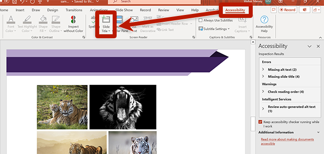 screenshot of the accessibility ribbon in powerpoint showing a slide is missing a title