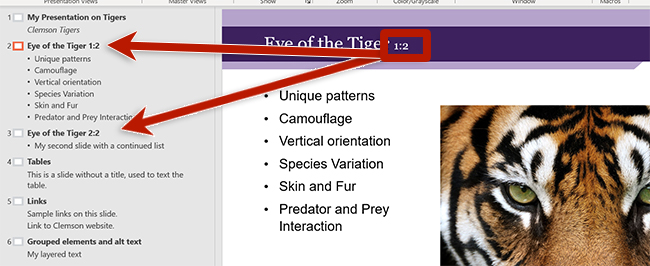 screenshot of powerpoint showing a slide title appended with 1 of 2