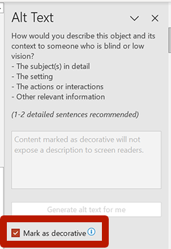 screenshot of the alt text field in powerpoint showing a check box for a decorative image