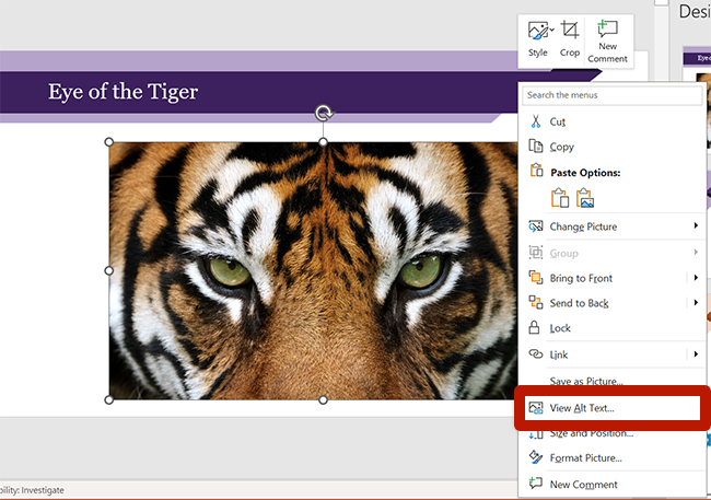 screenshot of a portion of a powerpoint slide with an image of a tiger and the right-click menu unfolded
