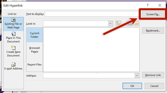 screenshot of the link edit dialog box in power point, highlighting the screen tip button field