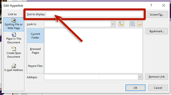screenshot of the link edit dialog box in power point, highlighting the link text field