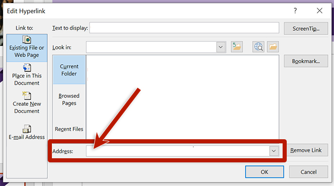screenshot of the link edit dialog box in power point, highlighting the URL address field