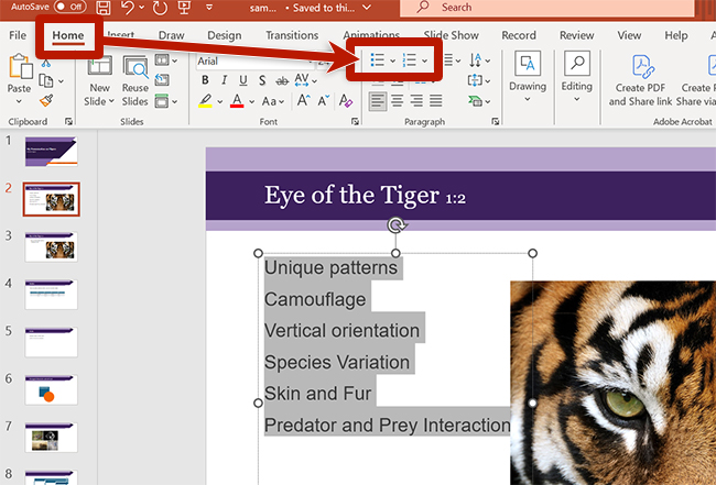 screenshot of the home ribbon in powerpoint showing where the list buttons are
