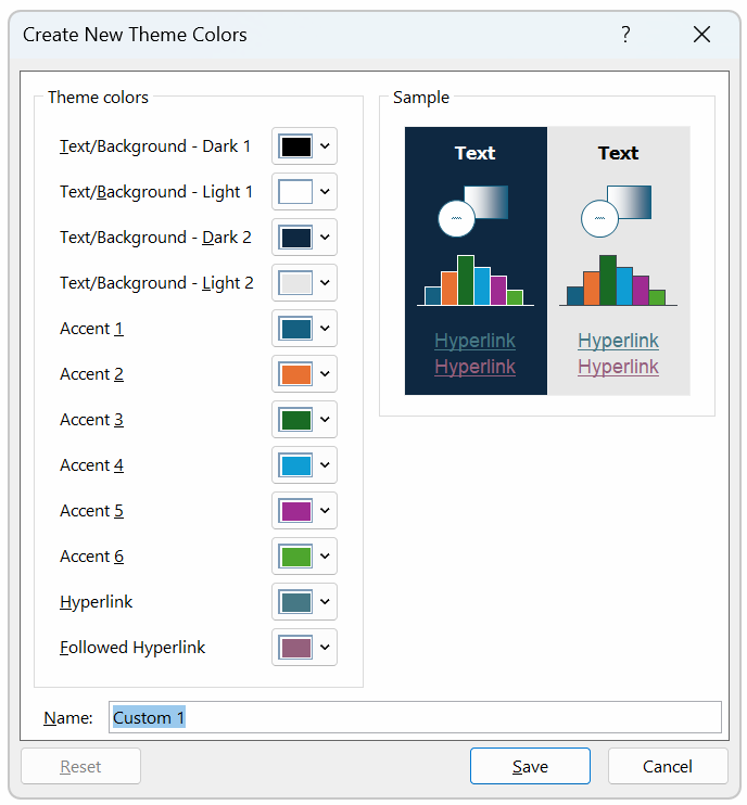 Screenshot of the Create New Theme Colors dialog box in PowerPoint