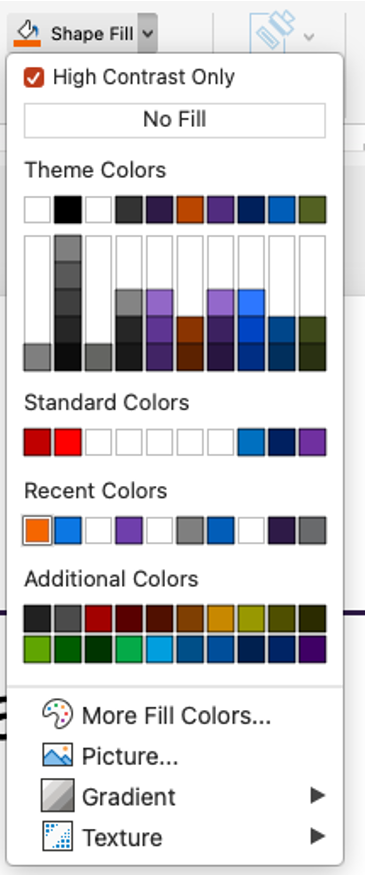 PowerPoint Shape Fill dialog with high contrast only selected, showing a subset of available colors