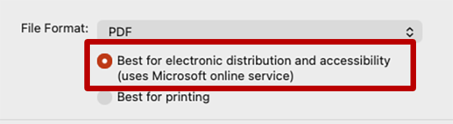 Screenshot of Microsoft Word's Save dialog with electronic PDF distribution selected.