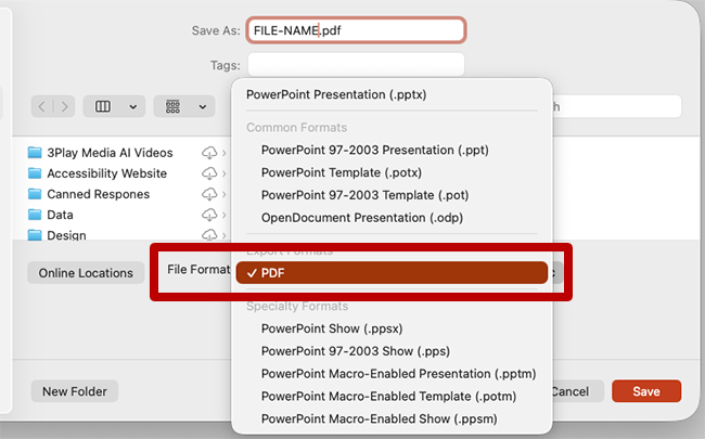 Screenshot of Microsoft Word's Save dialog with PDF selected as the File Format.