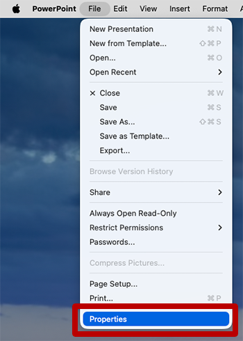 screenshot of the File dropdown in power point highlighting Properties.