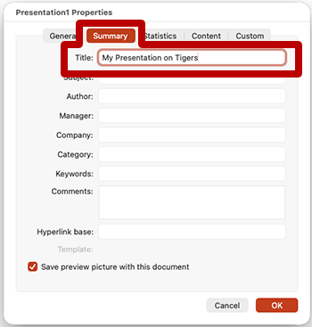 screenshot of the properties dialog box in power point highlighting the title field