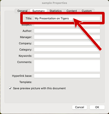 screenshot of the properties dialog box in power point highlighting the title field