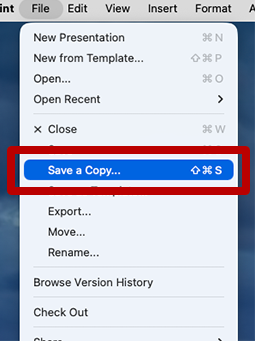 Screenshot of the Word File menu with Save A Copy highlighted