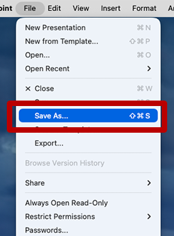 Screenshot of the Word File menu with Save As highlighted
