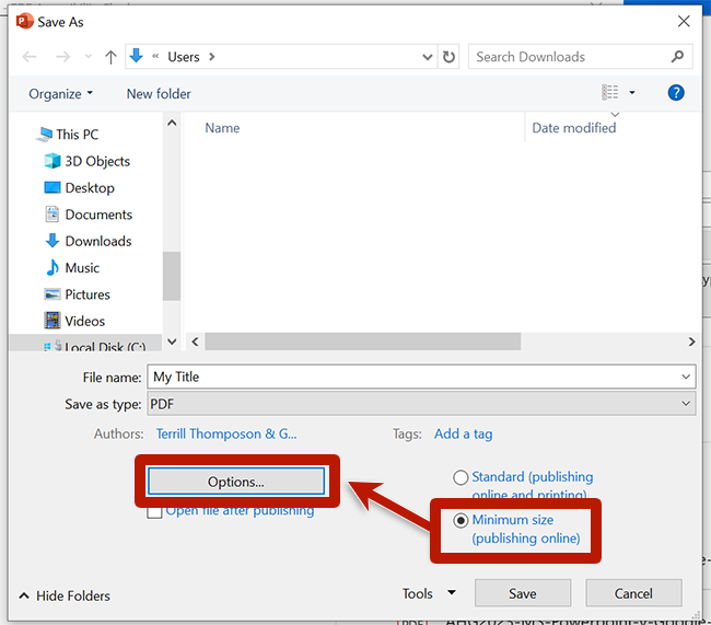 screenshot of power point save dialog box with minimum size and options highlighted