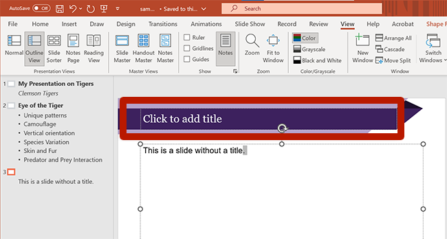 screenshot of a powerpoint slide with the title field highlighted