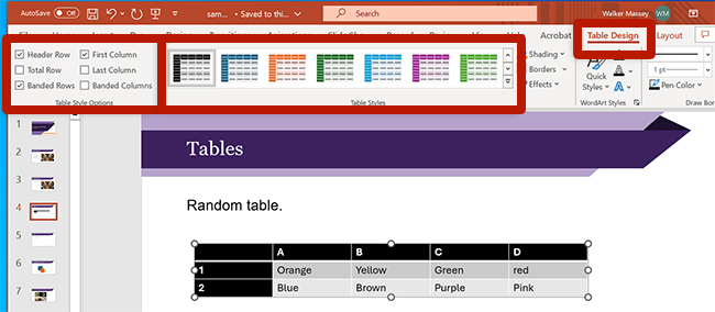 screenshot of the table design gallery in power point