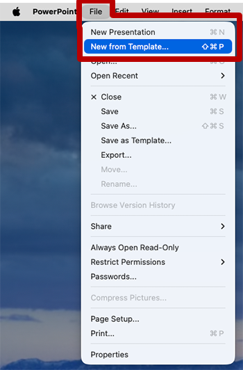 PowerPoint for Mac File menu open, with “New from Template…” highlighted and boxed in red.