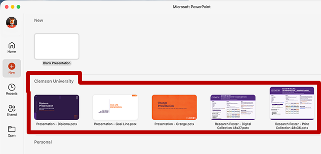Screenshot of Microsoft PowerPoint’s start screen, with a red outline highlighting Clemson University templates including presentation and research poster files.