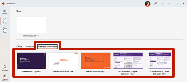 Screenshot of Microsoft PowerPoint's start screen on Windows, with a red outline highlighting Clemson University templates including presentation and research poster files.