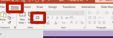 screenshot of power point's home menu highlighting the slide reset icon