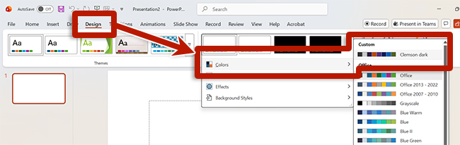 Screenshot of the Microsoft design ribbon with boxes and arrows pointing to color settings.