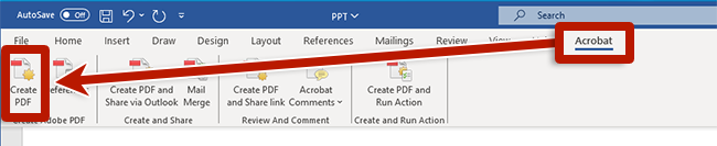 screenshot of the acrobat ribbon in microsoft word