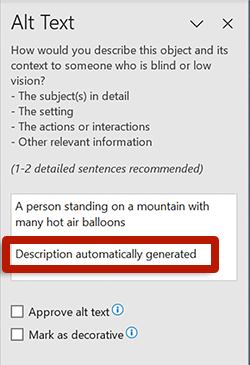 screenshot of the alternative text editing window in word highlighting the description automatically generated text