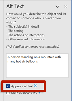 screenshot of the alternative text editing window in word showing the approved alt text box checked