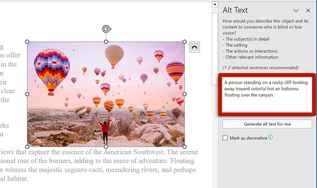 screenshot of the alternative text editing window in word