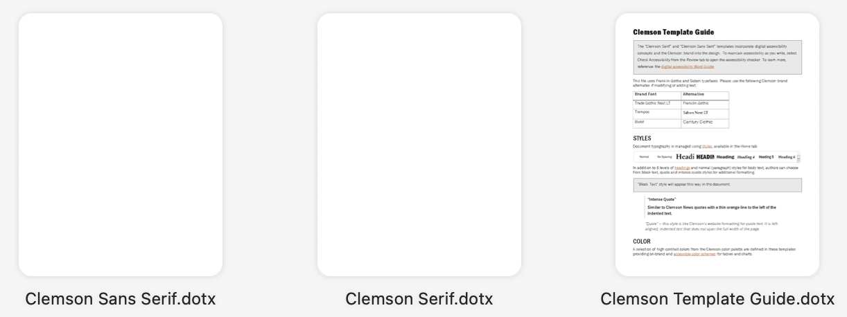 Screenshot of 3 thumbnail images of Clemson branded Microsoft Word templates. 