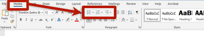 screenshot of the home ribbon in Microsoft Word