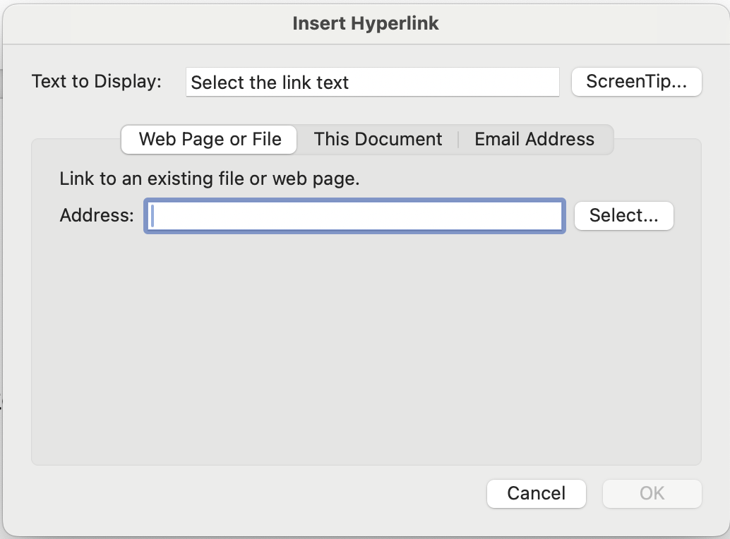screenshot of the insert hyperlink dialog box in microsoft word