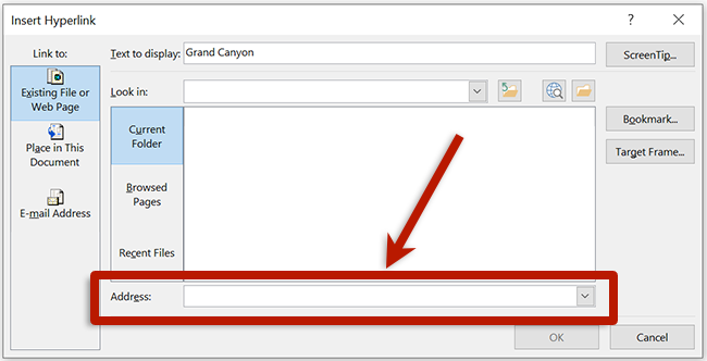 screenshot of the insert hyperlink dialog box in microsoft word
