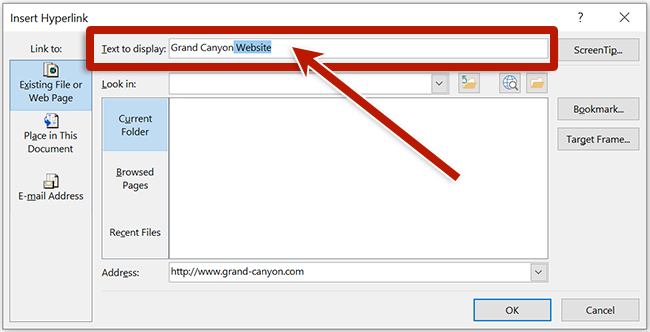 screenshot of the insert hyperlink dialog box in microsoft word highlighting the text to display field