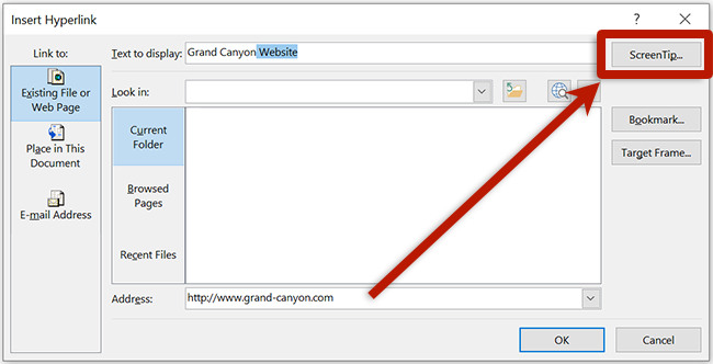 screenshot of the link edit dialog box highlighting the screen tip button in microsoft word