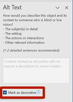 screenshot of the alternative text editing window in word showing mark as decorative checked