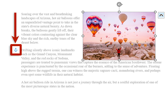 screenshot of an image wrapped by text in microsoft word shows image anchor before second paragraph