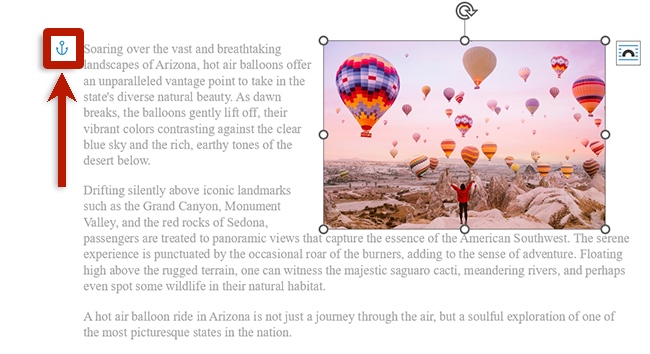 screenshot of an image wrapped by text in microsoft word  shows image anchor before first paragraph