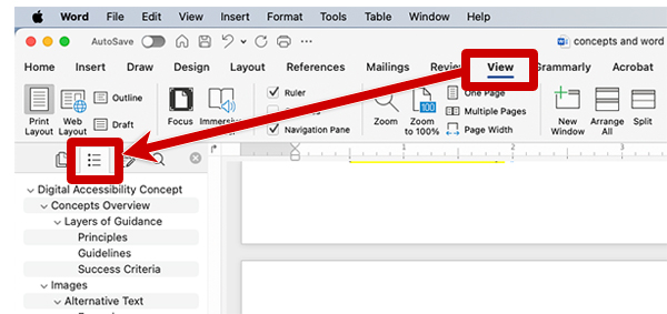 screenshot of the navigation pane in Microsoft Word