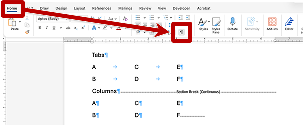 Microsoft Word interface showing the Home tab selected, with a red arrow and highlight box pointing to the Show/Hide formatting marks (¶) button in the toolbar.