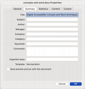 screenshot of the summary tab in words properties dialog box