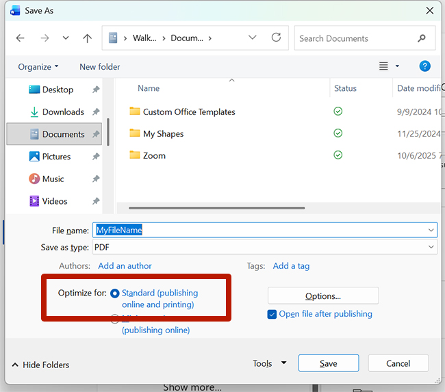 Microsoft Word “Save As” dialog showing a PDF save, with the “Optimize for: Standard (publishing online and printing)” option highlighted.
