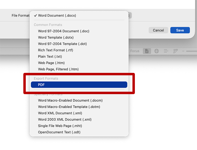 Save As file format menu with PDF export option highlighted.