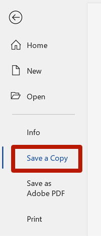 Microsoft Word's File menu where “Save a Copy” button is highlighted.