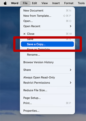 Microsoft Word File menu open on a Mac, with “Save a Copy…” highlighted.