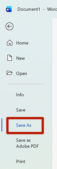 Microsoft Word's File menu where “Save As” button is highlighted.